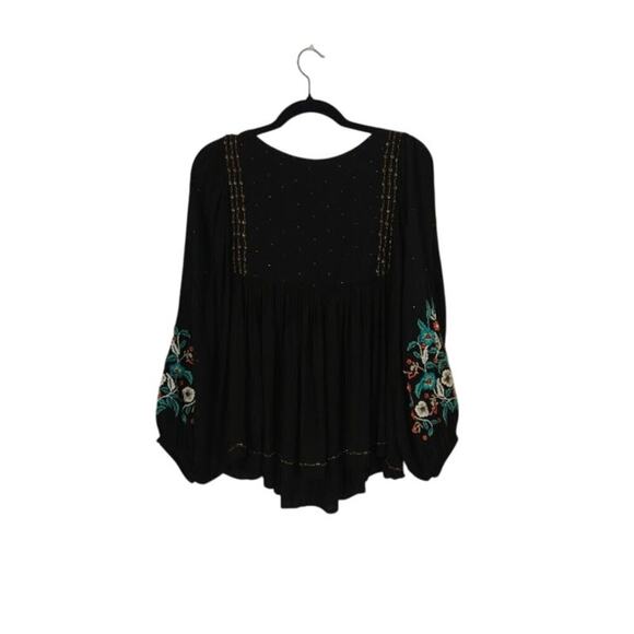 Floreat Anthropologie Embroidered Peasant Top Medium Black Bohemian Whimsigoth - Picture 2 of 11